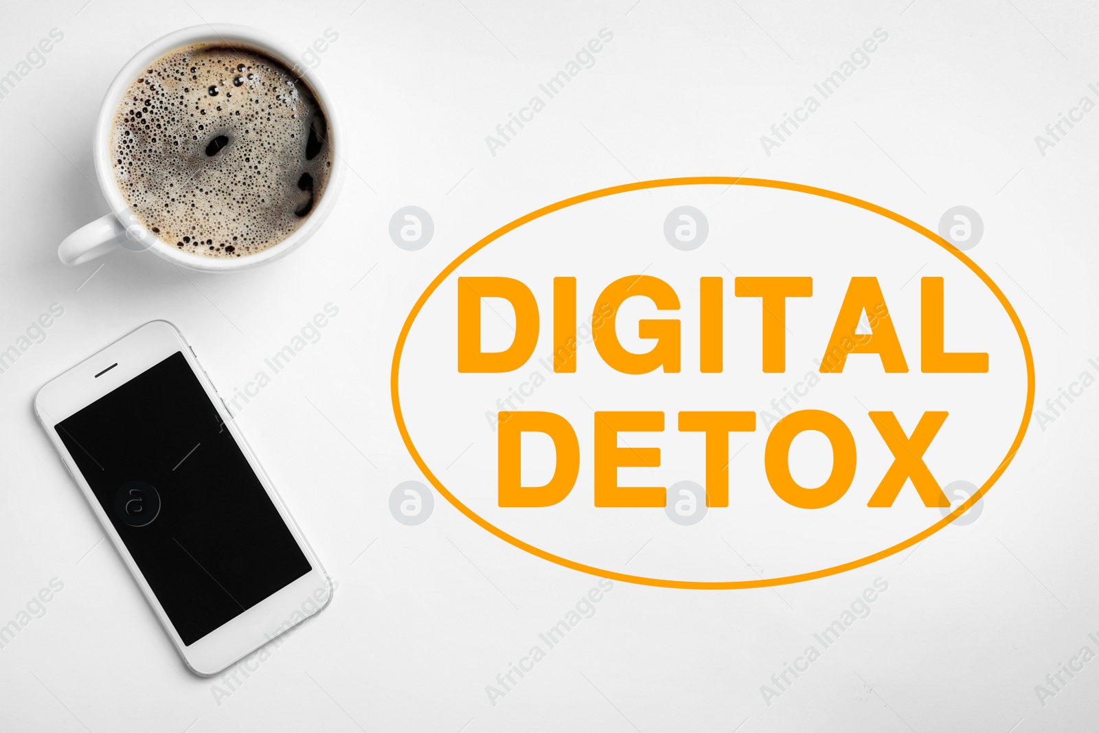 Image of Text Digital Detox, mobile phone and cup of coffee on white background, flat lay