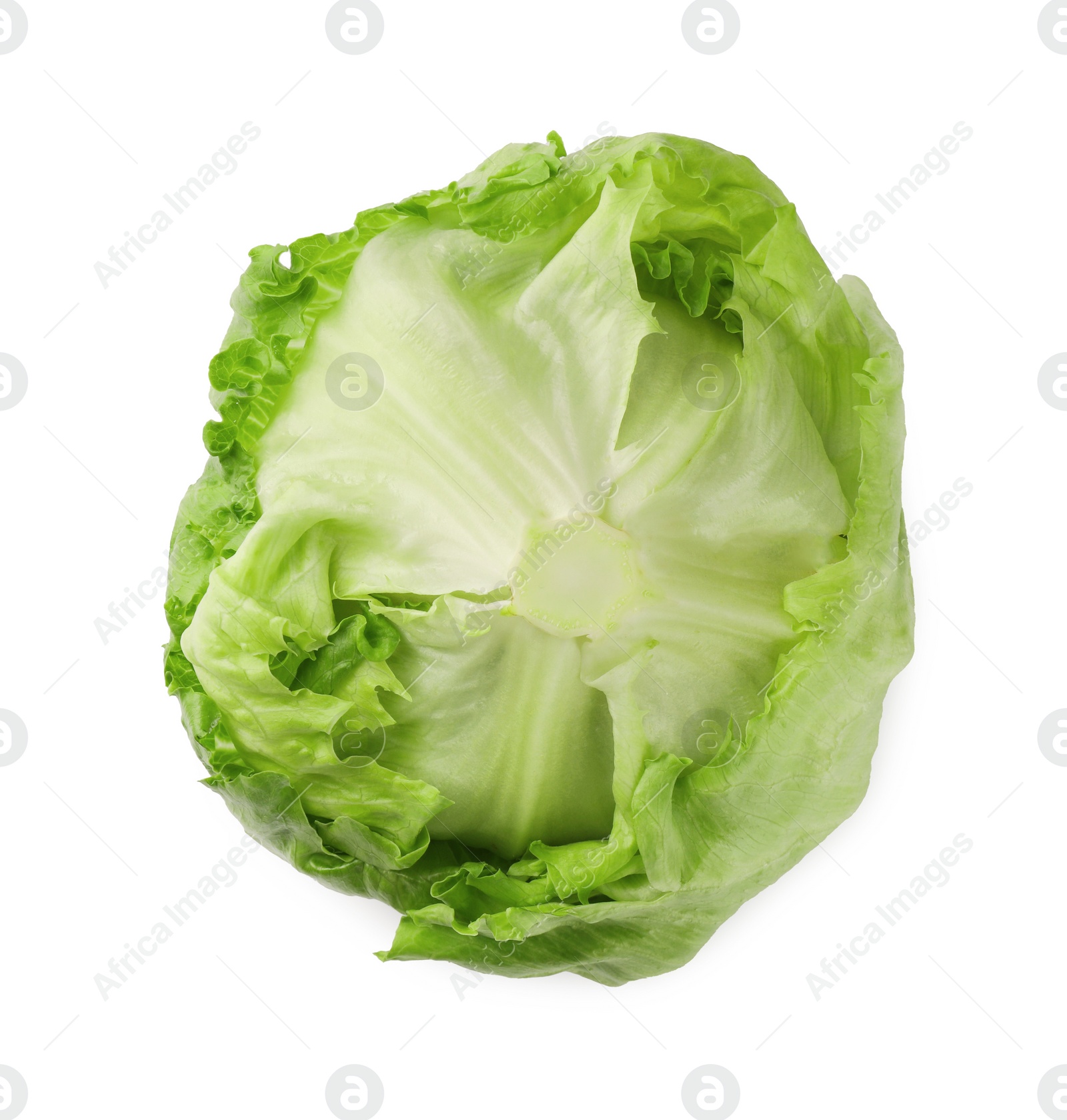 Photo of Fresh green iceberg lettuce isolated on white, top view