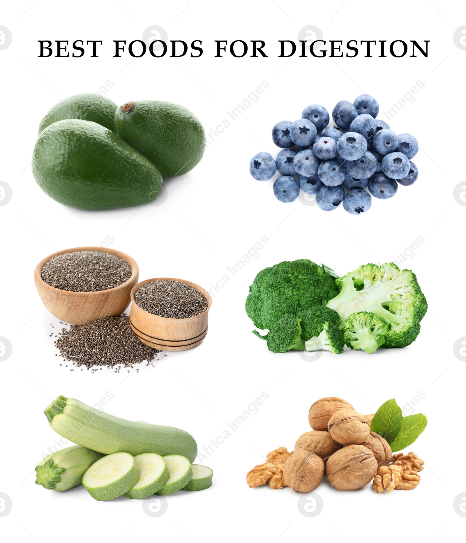 Image of Foods for healthy digestion, collage. Avocado, blueberries, chia seeds, broccoli, zucchinis and walnuts on white background