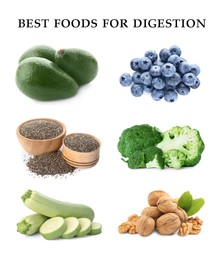 Image of Foods for healthy digestion, collage. Avocado, blueberries, chia seeds, broccoli, zucchinis and walnuts on white background