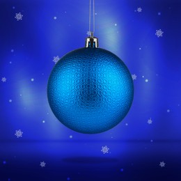 Image of Beautiful Christmas ball and snowflakes on blue background