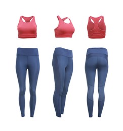 Comfortable sportswear. Collage with blue leggings and pink sports bra on white background, different sides