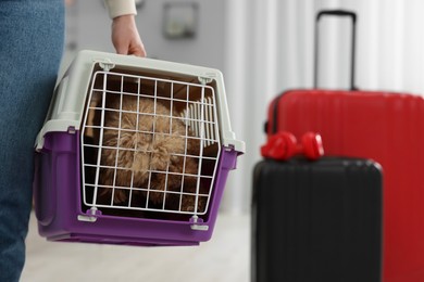 Photo of Travel with pet. Woman holding carrier with dog at home, closeup