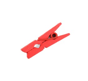 Photo of Bright red wooden clothespin isolated on white