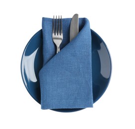 Photo of Blue plate, fork and knife on white background, top view