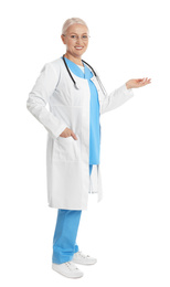Photo of Full length portrait of mature doctor on white background