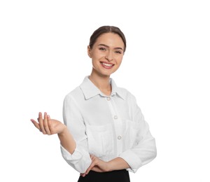 Photo of Portrait of hostess in uniform on white background