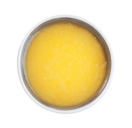 Bowl of Ghee butter isolated on white, top view