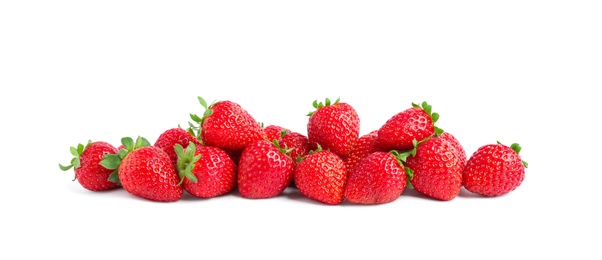 Photo of Pile of delicious fresh red strawberries on white background