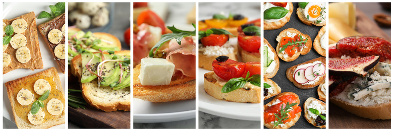 Image of Collage of different tasty bruschettas. Banner design 