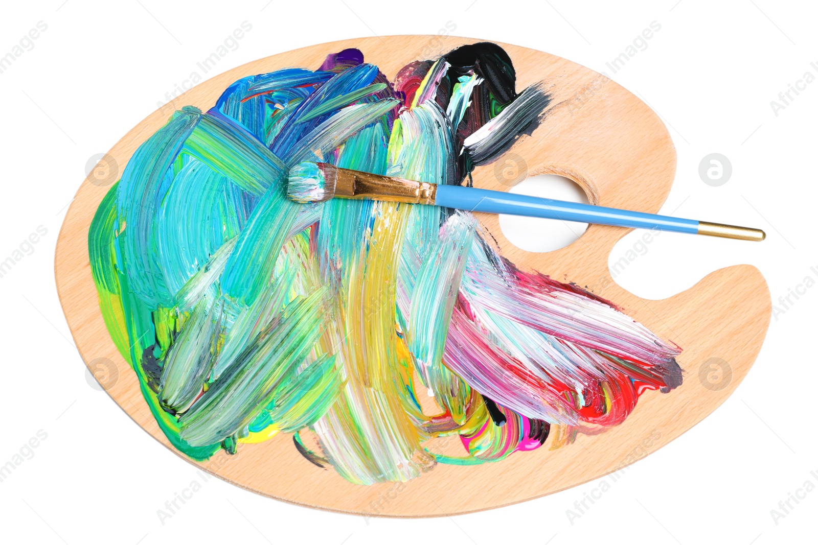Photo of Palette with paints and brush on white background, top view. Artist equipment