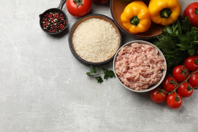 Photo of Making stuffed peppers. Ground meat and other ingredients on grey table, flat lay. Space for text