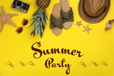 Image of Summer party. Flat lay composition with different beach accessories on yellow background 