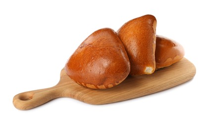 Photo of Wooden board with delicious baked patties on white background