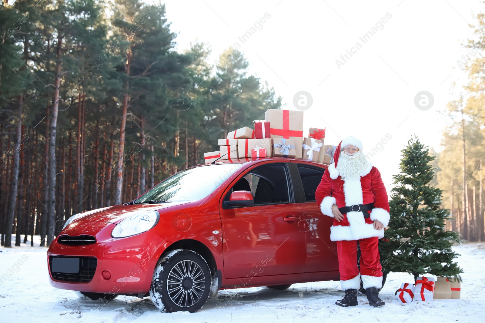 Photo of Authentic Santa Claus near red car with gift boxes and Christmas tree, outdoors