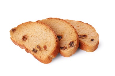 Photo of Sweet hard chuck crackers with raisins on white background