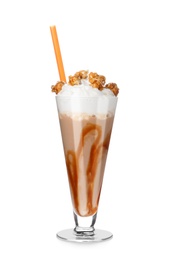 Photo of Glass with delicious milk shake on white background