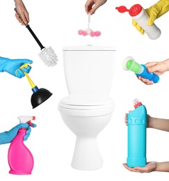 Image of Collage with photos of woman holding different cleaning supplies around toilet bowl on white background