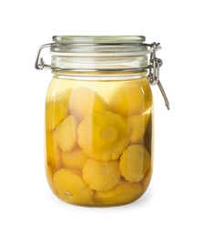 Photo of Closed jar with pickled custard squashes on white background