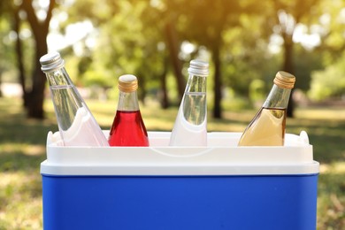 Photo of Blue plastic cool box with bottles of drinks in park, closeup
