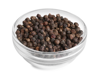 Photo of Bowl of black peppercorns isolated on white