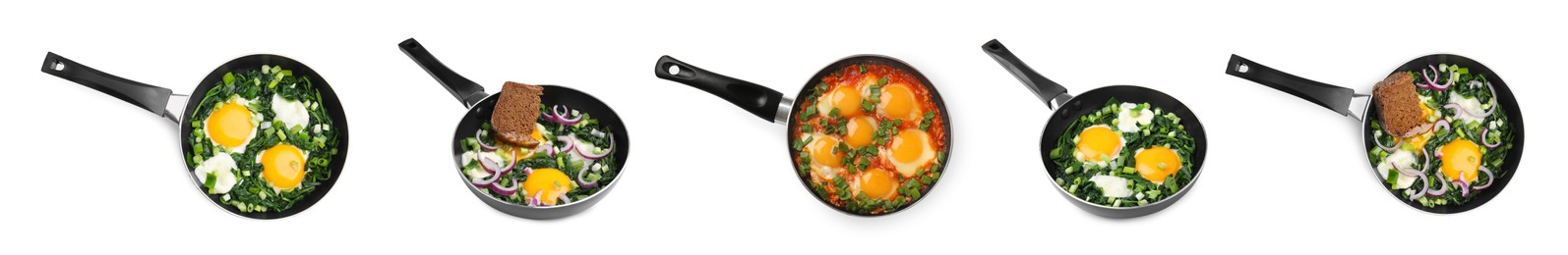 Image of Delicious shakshuka in frying pans isolated on white, set
