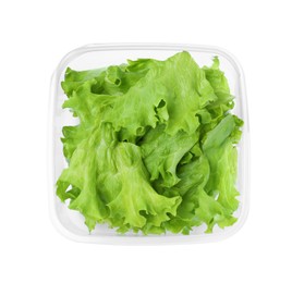 Photo of Fresh lettuce in plastic container isolated on white, top view
