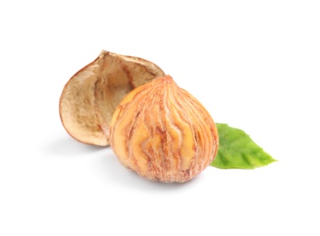 Photo of Fresh shelled sweet edible chestnut on white background