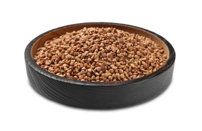 Photo of Bowl with dry buckwheat isolated on white