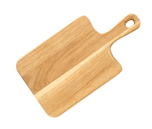 Photo of Modern wooden board isolated on white, top view. Cooking utensil
