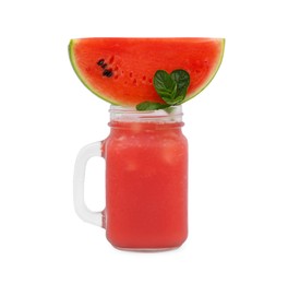 Photo of Mason jar of delicious watermelon drink with mint and cut fresh fruit isolated on white