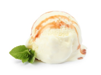 Photo of Delicious vanilla ice cream with topping and mint on white background