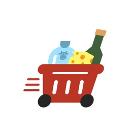 Illustration of Shopping basket full of products on wheels, order hurrying to client. Illustration on white background. Food delivery service