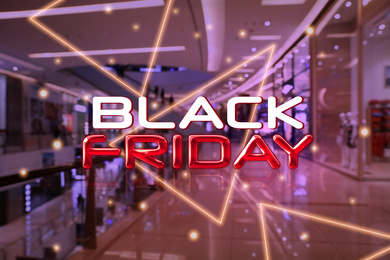 Image of Blurred view of modern shopping mall interior. Black Friday Sale