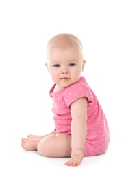 Photo of Cute little baby on white background. Crawling time