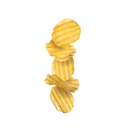 Image of Stack of tasty ridged potato chips on white background