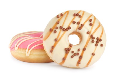 Photo of Sweet tasty glazed donuts on white background