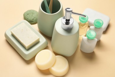 Photo of Bath accessories. Personal care products on beige background
