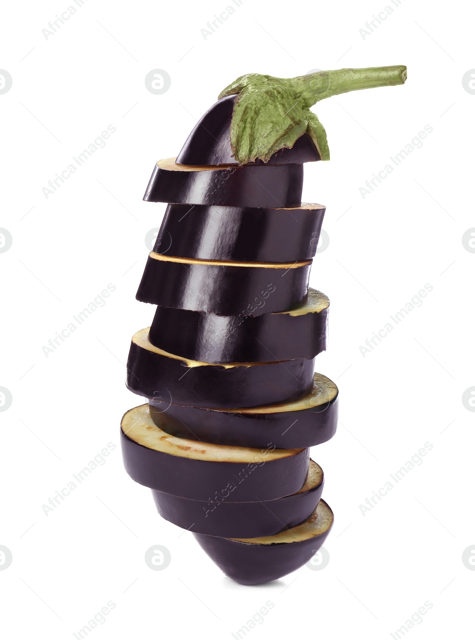 Photo of Slices of ripe eggplant on white background