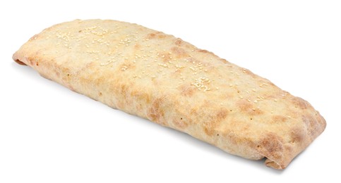 Photo of Delicious strudel with tasty filling isolated on white