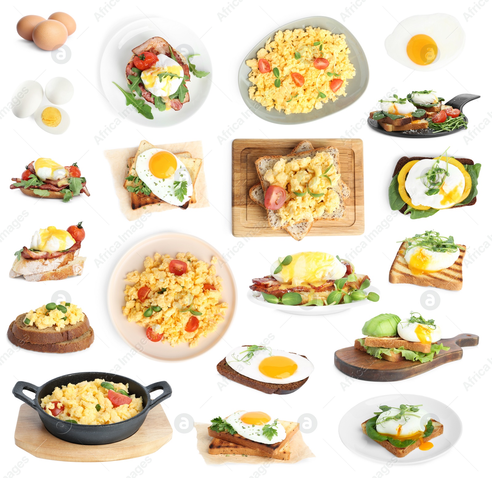 Image of Set of different egg dishes on white background