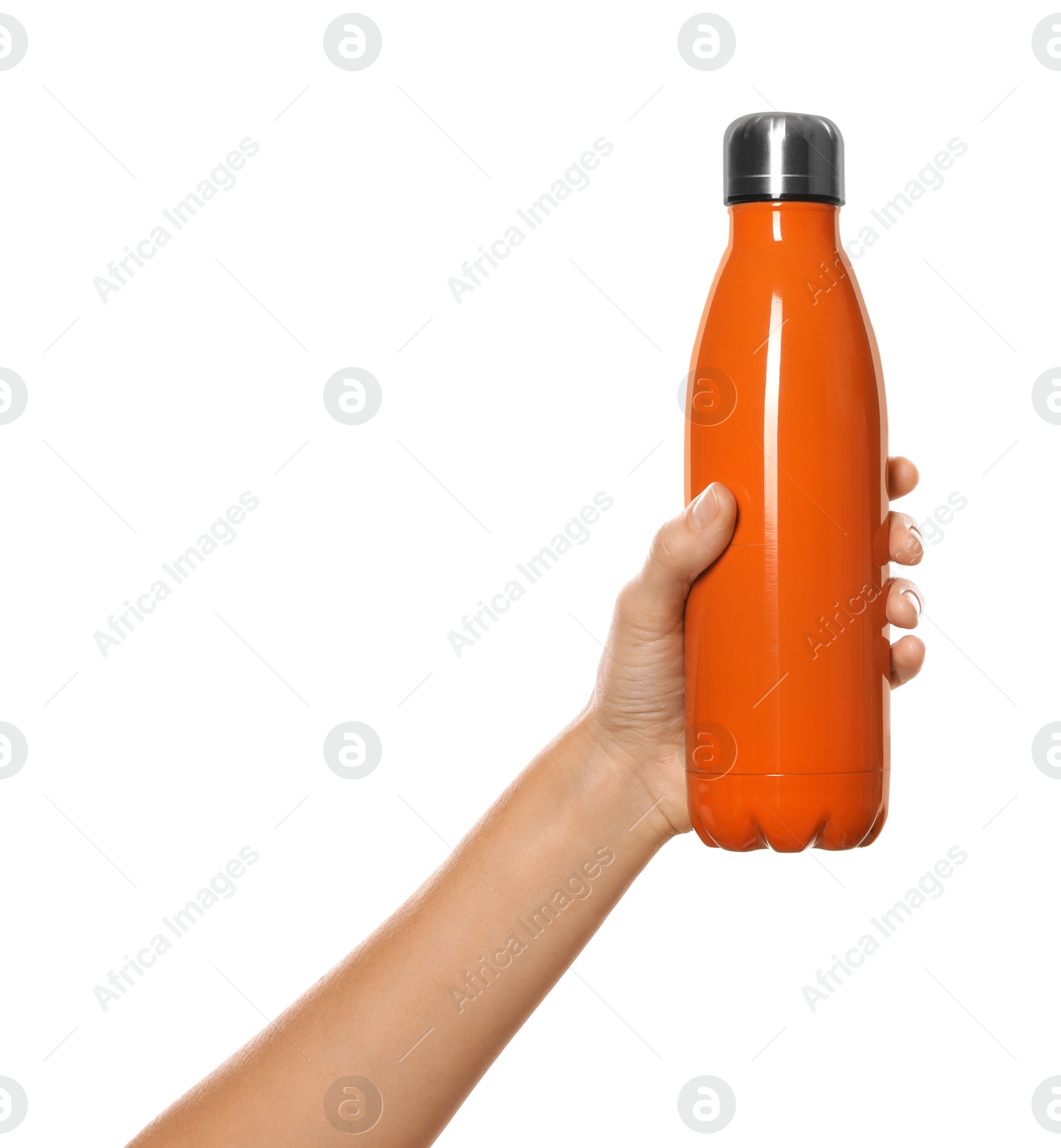 Photo of Woman holding orange thermos bottle on white background, closeup