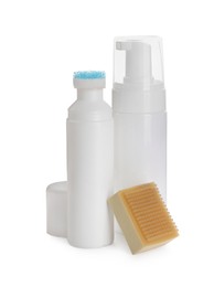 Photo of Set of shoe care products on white background