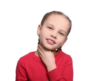 Photo of Girl suffering from sore throat on white background