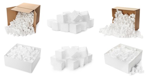 Image of Set with cardboard boxes with styrofoam cubes on white background, banner design