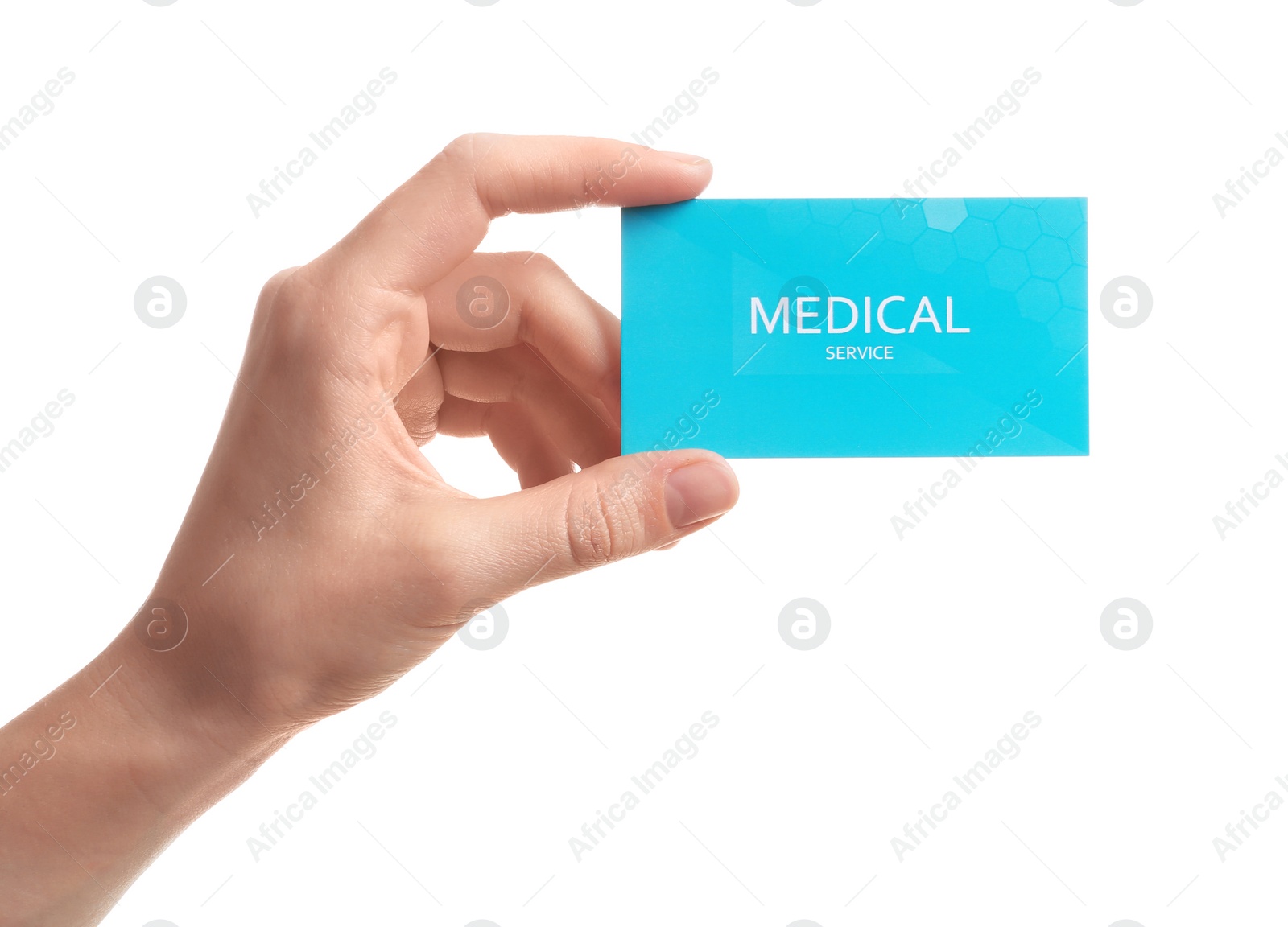 Photo of Woman holding business card isolated on white, closeup. Medical service