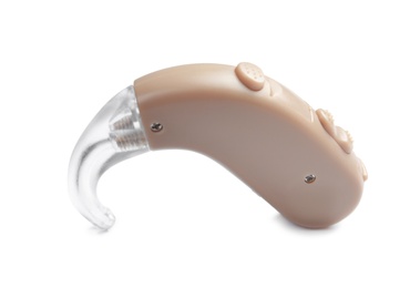 Photo of Hearing aid on white background. Medical device
