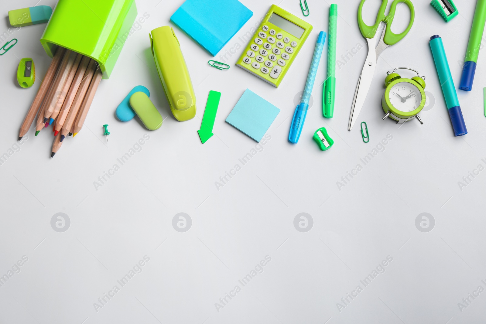Photo of School stationery on white background, flat lay with space for text. Back to school