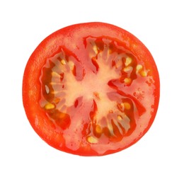 Photo of Half of ripe cherry tomato isolated on white, top view