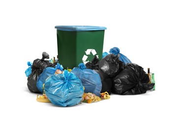 Image of Waste bin, plastic bags and garbage on white background